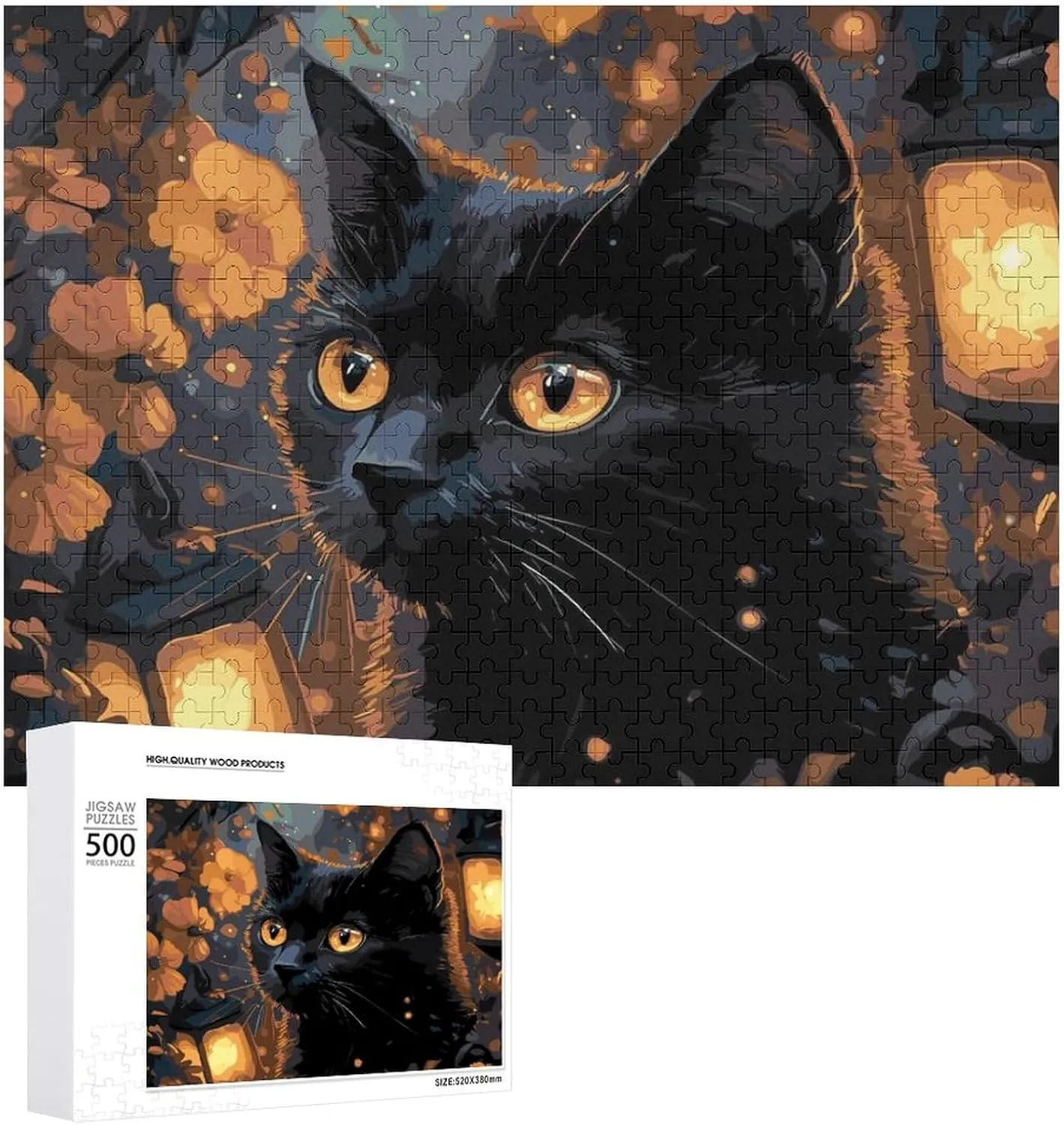 Puzzles for Adults 500 Pieces - Black Cat Flower and Lantern Funny Family Interactive for Puzzles Club Decor Or Gifts for Friends