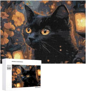 Puzzles for Adults 500 Pieces - Black Cat Flower and Lantern Funny Family Interactive for Puzzles Club Decor Or Gifts for Friends