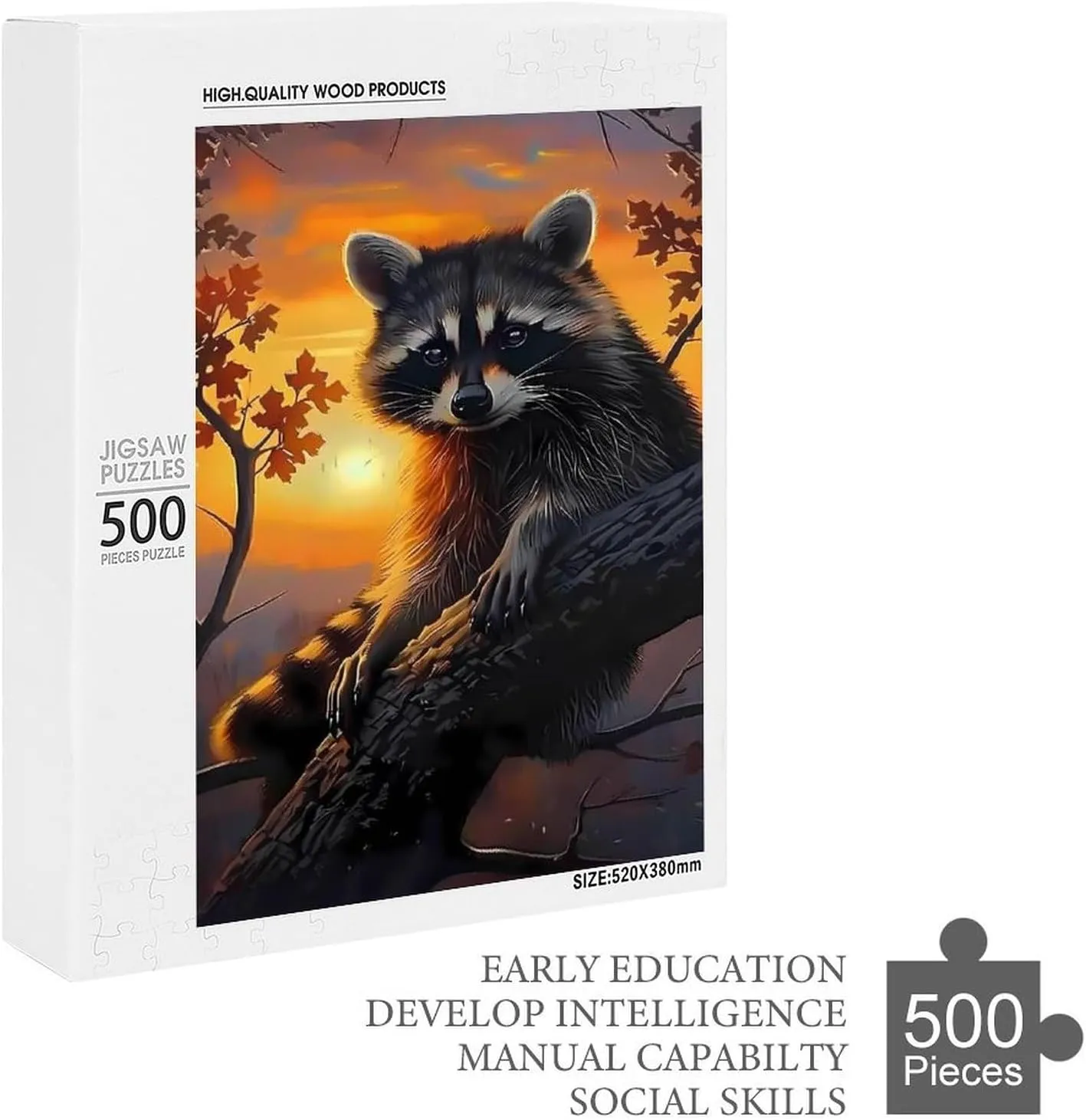 Puzzles for Adults 500 Pieces - Raccoon in The Sunset Raccoon Best Challenging Puzzles for Cognitive Workout - Safe Eco-Friendly - Most Popular Leisure Activities