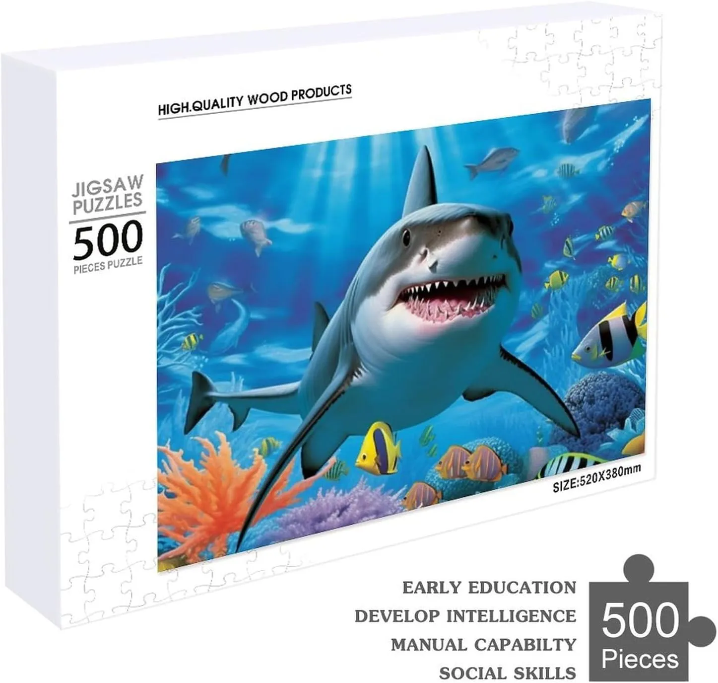 Puzzles for Adults 500 Pieces - Shark Fish Ocean Perfect Interlocking Clear Printing - Adults Educational Puzzle Ideal Gift - Display as Artwork Idea!