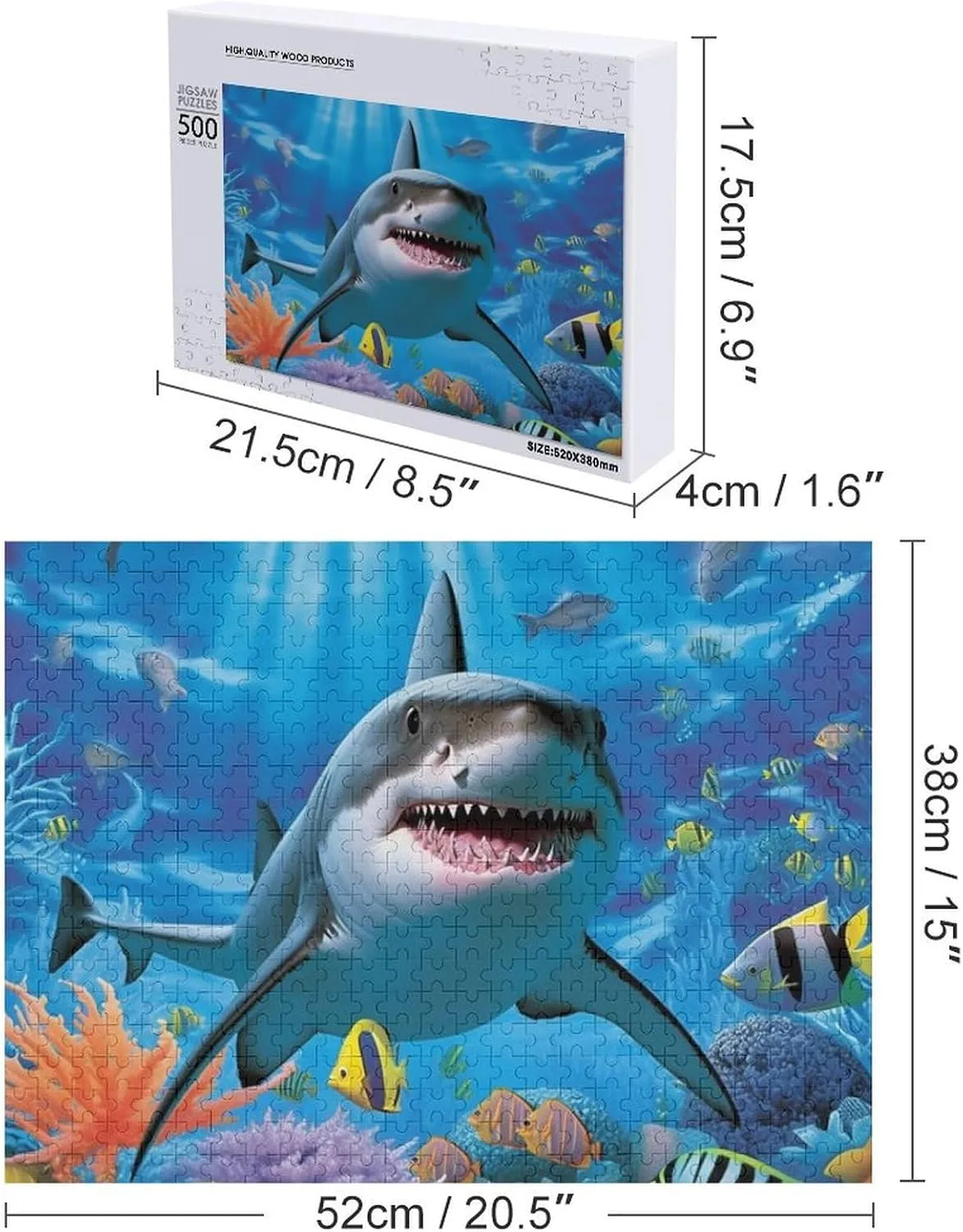 Puzzles for Adults 500 Pieces - Shark Fish Ocean Perfect Interlocking Clear Printing - Adults Educational Puzzle Ideal Gift - Display as Artwork Idea!