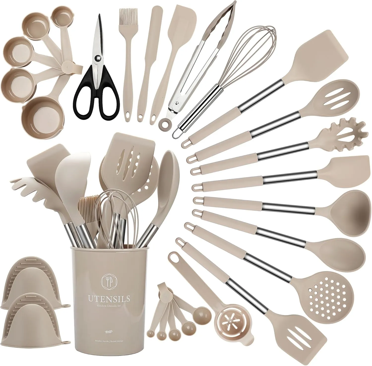 QMVESS Silicone Cooking Utensils Set, 28 Pcs Non-Stick Kitchen Utensils Set with Holder, 446°F Heat Resistant Spatula, Tongs, Spoons Set with Stainless Steel Handle Kitchen Gadgets (Khaki)