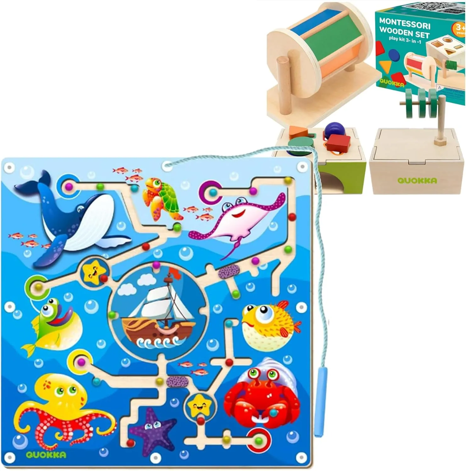 QUOKKA Set Montessori Toys for Boys and Girls Ocean Maze & Shape Sorter