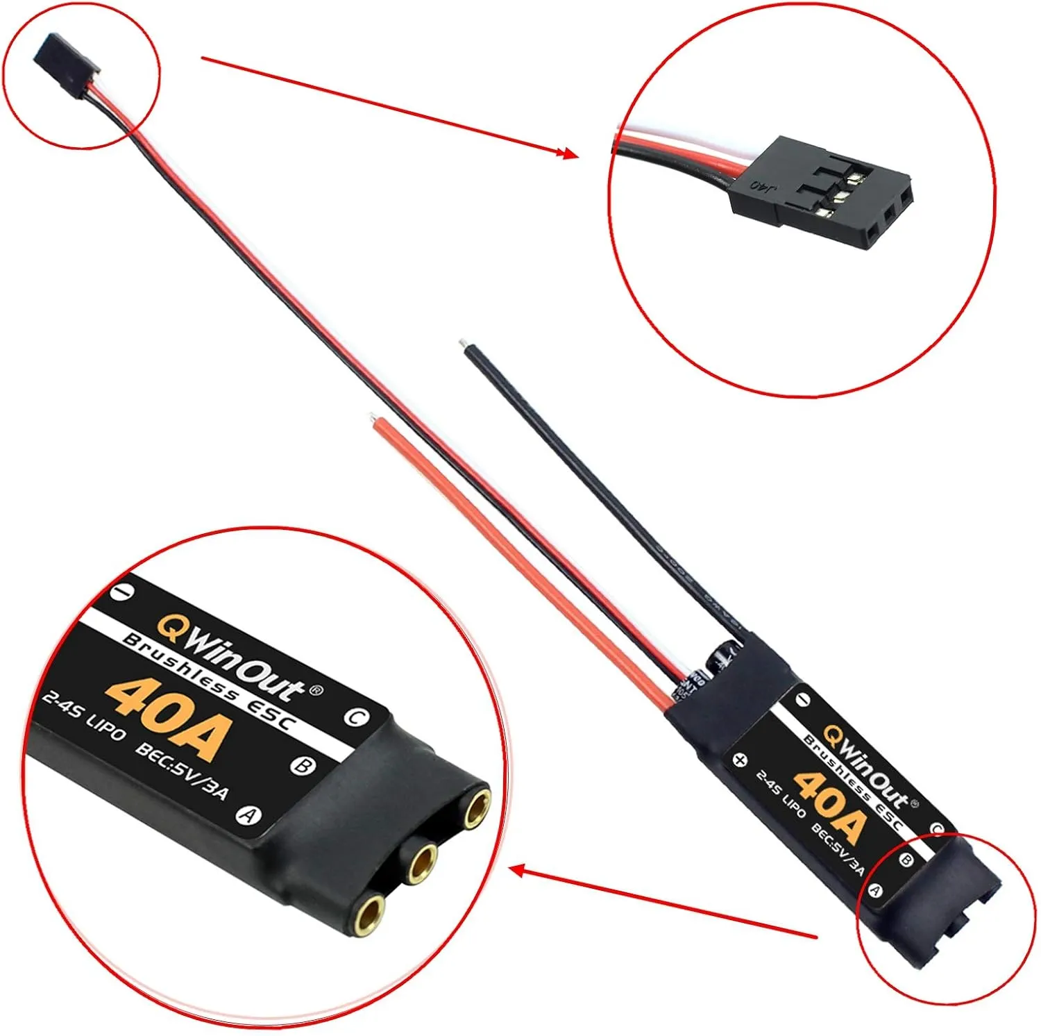 QWinOut 40A ESC 2-4S Brushless ESC Speed Controller 5V/3A BEC for F450 450mm RC Helicopter Quadcopter DIY Drone Kit