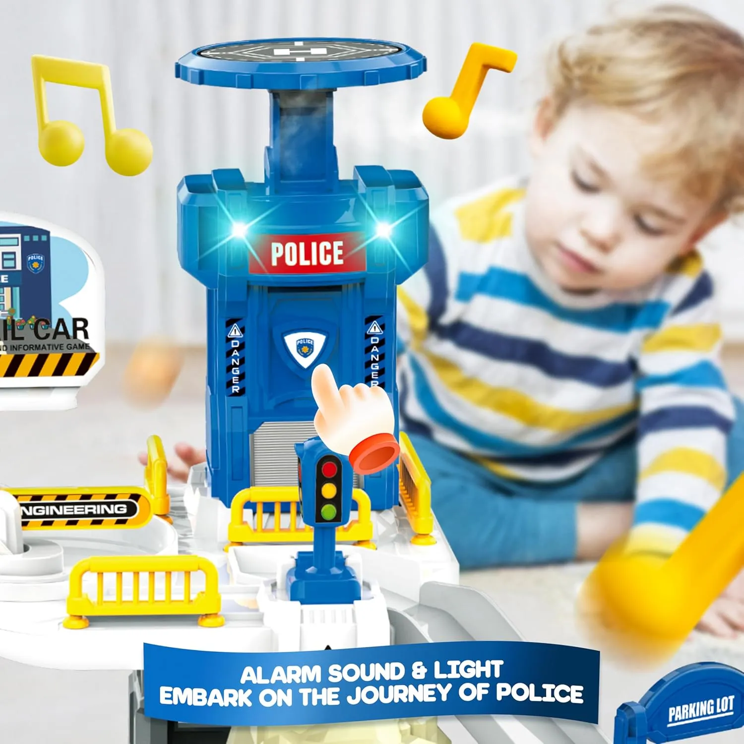 Race Tracks for Kids Ages 3-5, SMILESSKIDDO 73 PCS Police Car Tracks Toys Gifts for Boys Kids with Music and Engineering Scene Simulation, Construction Car Toddler Boy Toys Gift for Ages 3 