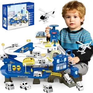 Race Tracks for Kids Ages 3-5, SMILESSKIDDO 73 PCS Police Car Tracks Toys Gifts for Boys Kids with Music and Engineering Scene Simulation, Construction Car Toddler Boy Toys Gift for Ages 3 