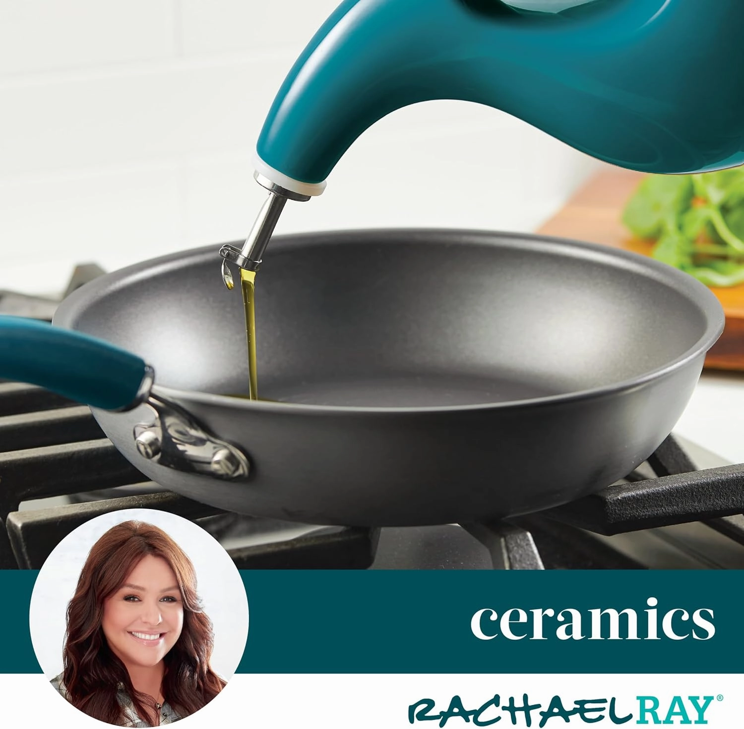 Rachael Ray Ceramics EVOO Oil and Vinegar Dispensing Bottle, 24 Ounce, Turquoise