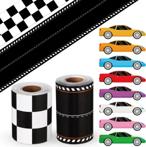 Racing Car Theme Bulletin Board Border Set Checkered Flag and Race Track Border, 24 Car Stickers for Race Party Decoration Trim Racing Classroom Decoration