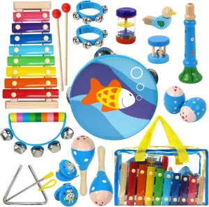 Raimy Kids Musical Instruments Set - Wooden Percussion Instruments Toy for Toddler Baby, Preschool Educational Music Toys for Boys and Girls with Carrying Bag (Blue)