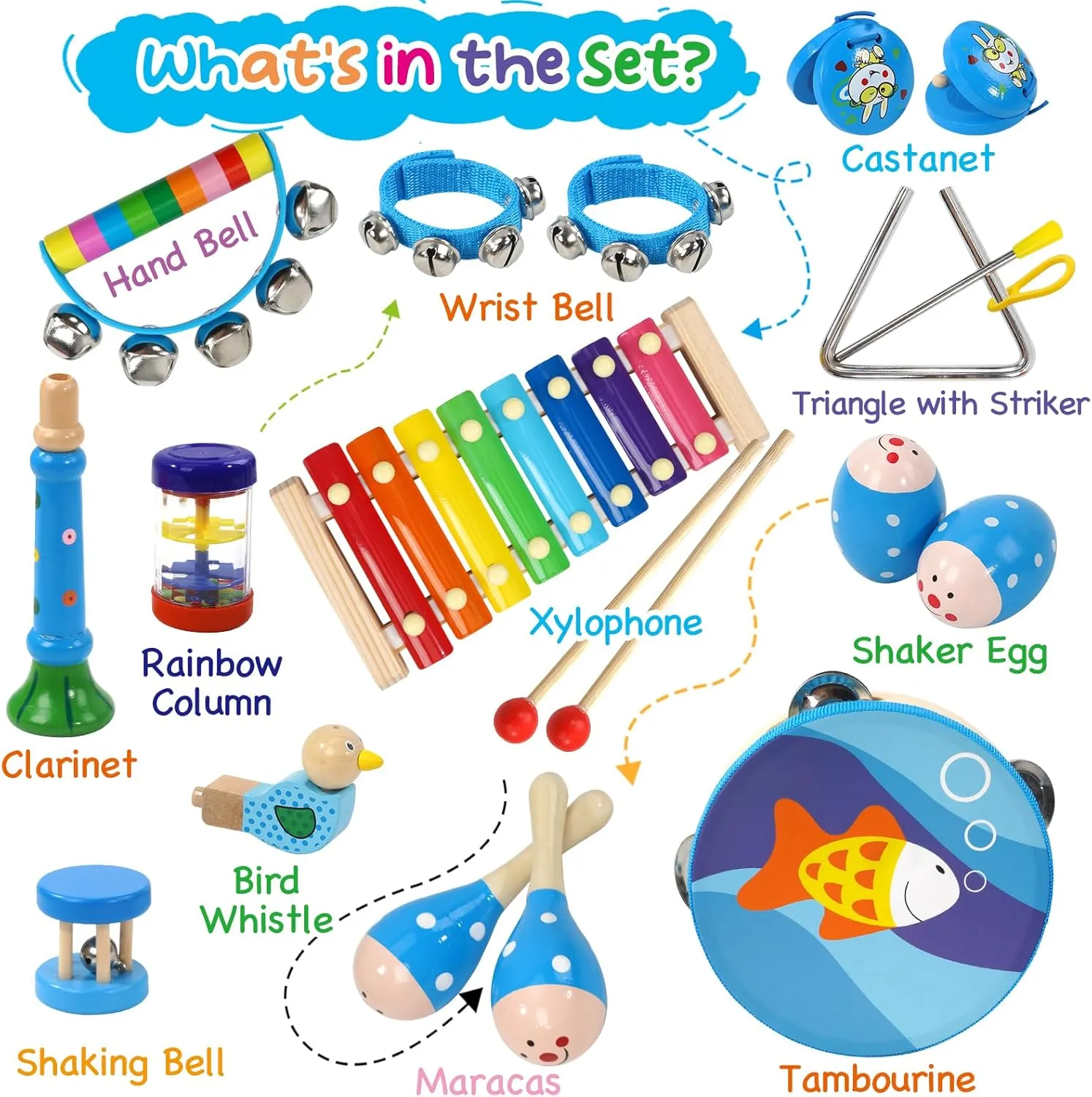 Raimy Kids Musical Instruments Set - Wooden Percussion Instruments Toy for Toddler Baby, Preschool Educational Music Toys for Boys and Girls with Carrying Bag (Blue)