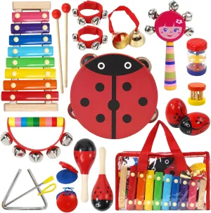 Raimy Kids Musical Instruments Set - Wooden Percussion Instruments Toy for Toddler Baby, Preschool Educational Music Toys for Boys and Girls with Carrying Bag (Red)