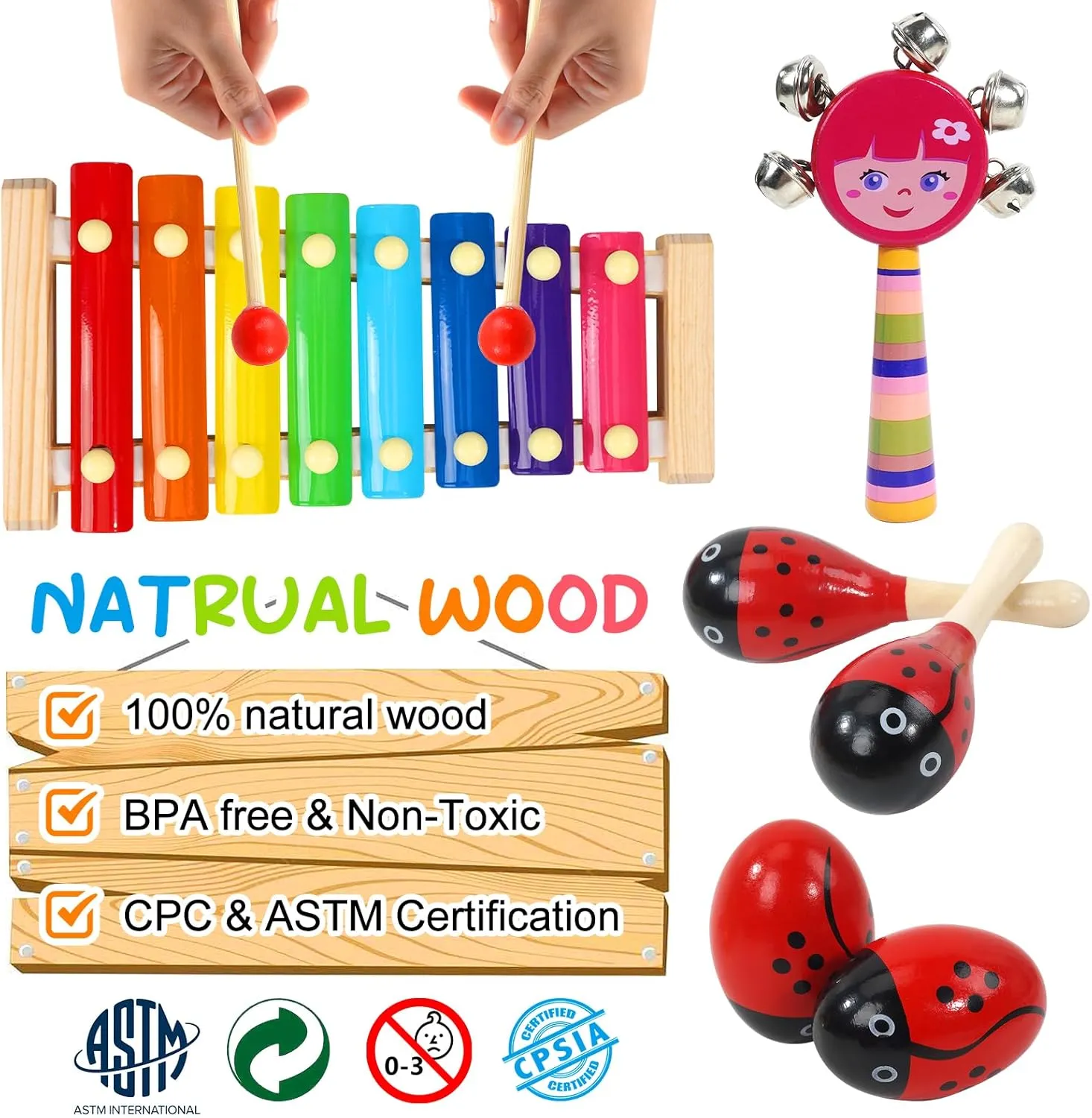 Raimy Kids Musical Instruments Set - Wooden Percussion Instruments Toy for Toddler Baby, Preschool Educational Music Toys for Boys and Girls with Carrying Bag (Red)