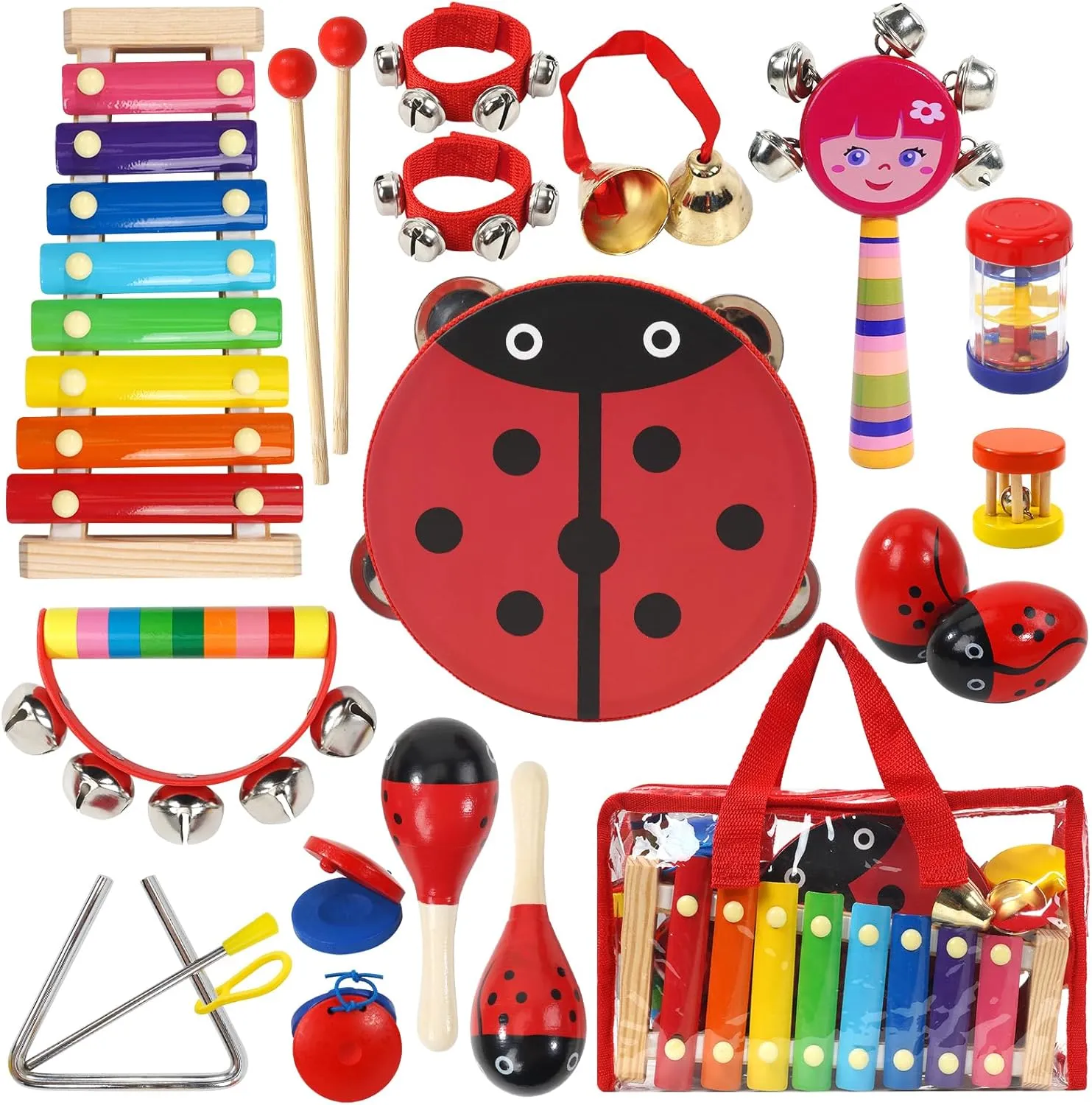 Raimy Kids Musical Instruments Set - Wooden Percussion Instruments Toy for Toddler Baby, Preschool Educational Music Toys for Boys and Girls with Carrying Bag (Red)