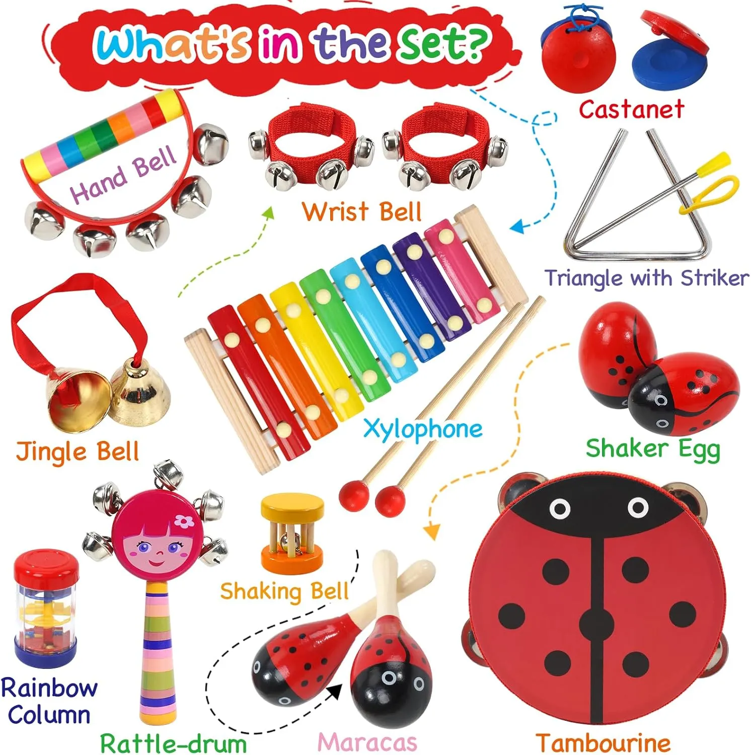 Raimy Kids Musical Instruments Set - Wooden Percussion Instruments Toy for Toddler Baby, Preschool Educational Music Toys for Boys and Girls with Carrying Bag (Red)