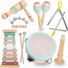 Raimy Musical Instruments Set - Neutral Colors Wooden Montessori Toys Percussion Music Modern Boho Xylophone Birthday Gifts for 1 2 3 Year Old Kids Baby Toddlers Boys Girls 3  with Storage Bag