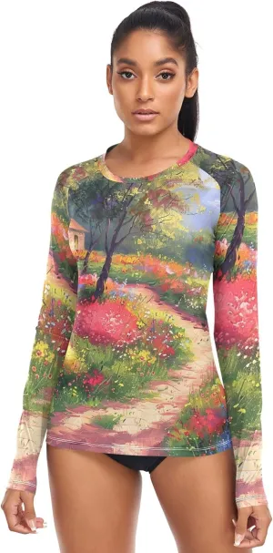 Rash Guards Women Shirts Painting Colorful Flowers Trail Quick Dry Fit UV Sun Shirts Long Sleeve Tops UPF 50 XS