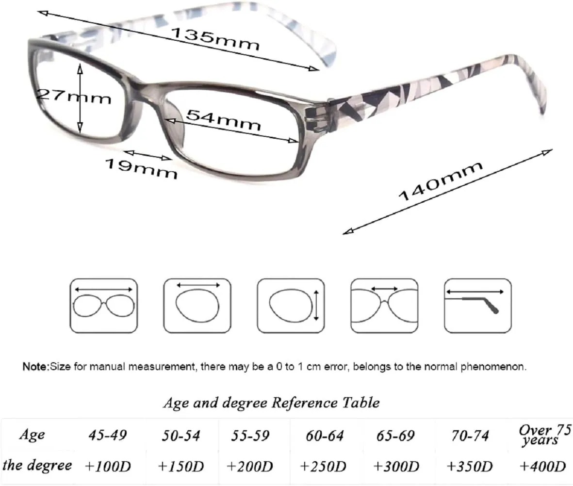 Reading Glasses 5 Pairs Fashion Ladies Readers Spring Hinge with Pattern Print Eyeglasses for Women (5 Pack Mix Color, 3.0)