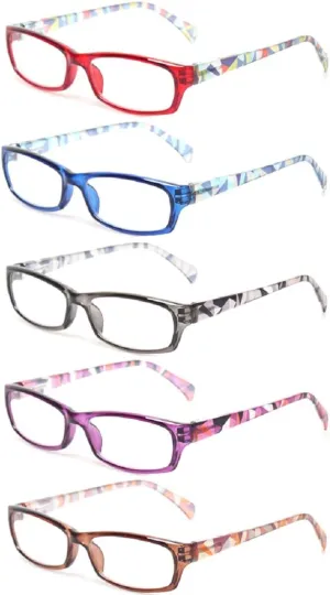 Reading Glasses 5 Pairs Fashion Ladies Readers Spring Hinge with Pattern Print Eyeglasses for Women (5 Pack Mix Color, 3.0)