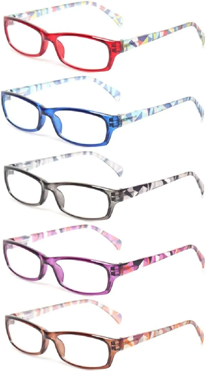 Reading Glasses 5 Pairs Fashion Ladies Readers Spring Hinge with Pattern Print Eyeglasses for Women (5 Pack Mix Color, 3.0)