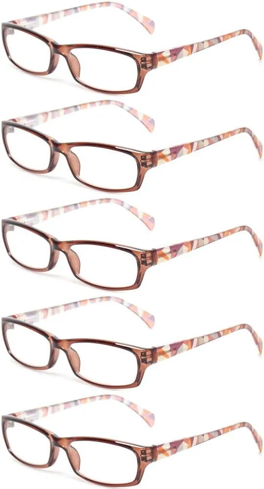 Reading Glasses 5 Pairs Fashion Ladies Readers Spring Hinge with Pattern Print Eyeglasses for Women (5 Pack Purple, 3.5)
