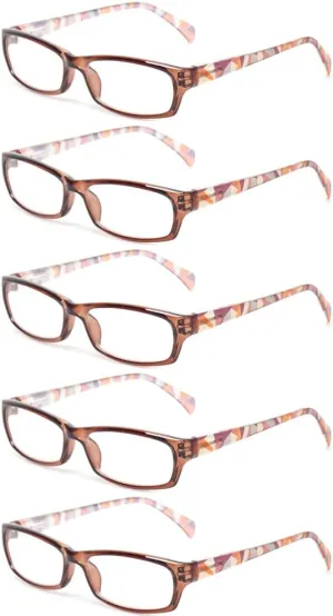 Reading Glasses 5 Pairs Fashion Ladies Readers Spring Hinge with Pattern Print Eyeglasses for Women (5 Pack Purple, 3.5)