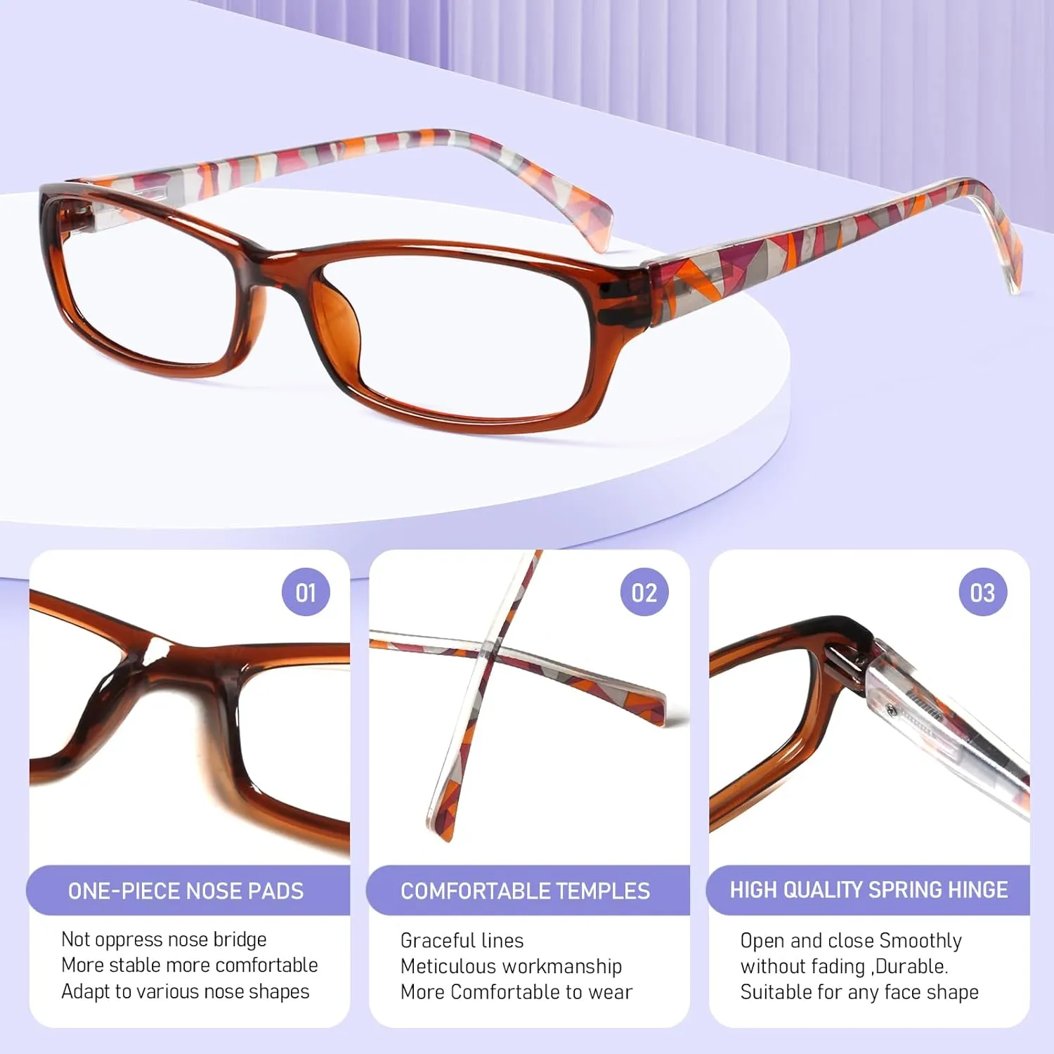 Reading Glasses 5 Pairs Fashion Ladies Readers Spring Hinge with Pattern Print Eyeglasses for Women (5 Pack Purple, 3.5)