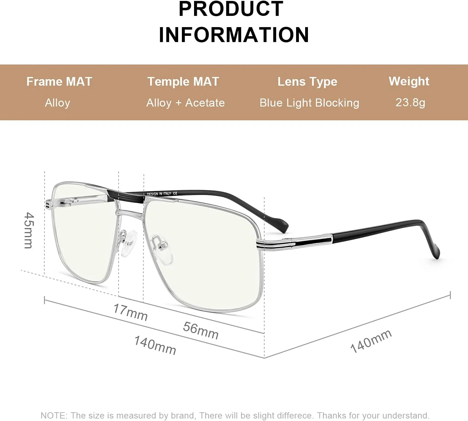 Reading Glasses for Men Square Double Bridge Blue Light Blocking Computer Readers