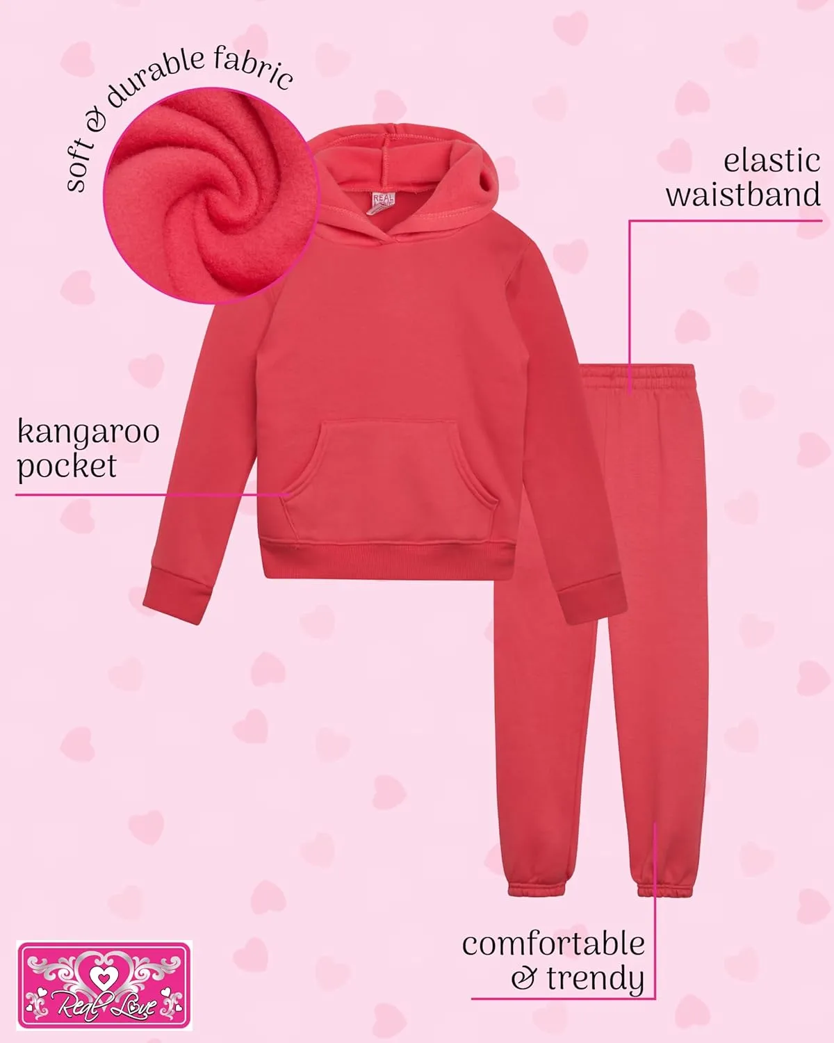 Real Love Toddler Girls' Jogger Set - 2 Piece Soft Fleece Pullover Hoodie and Jogger Pants for Little Girls (2T-6)