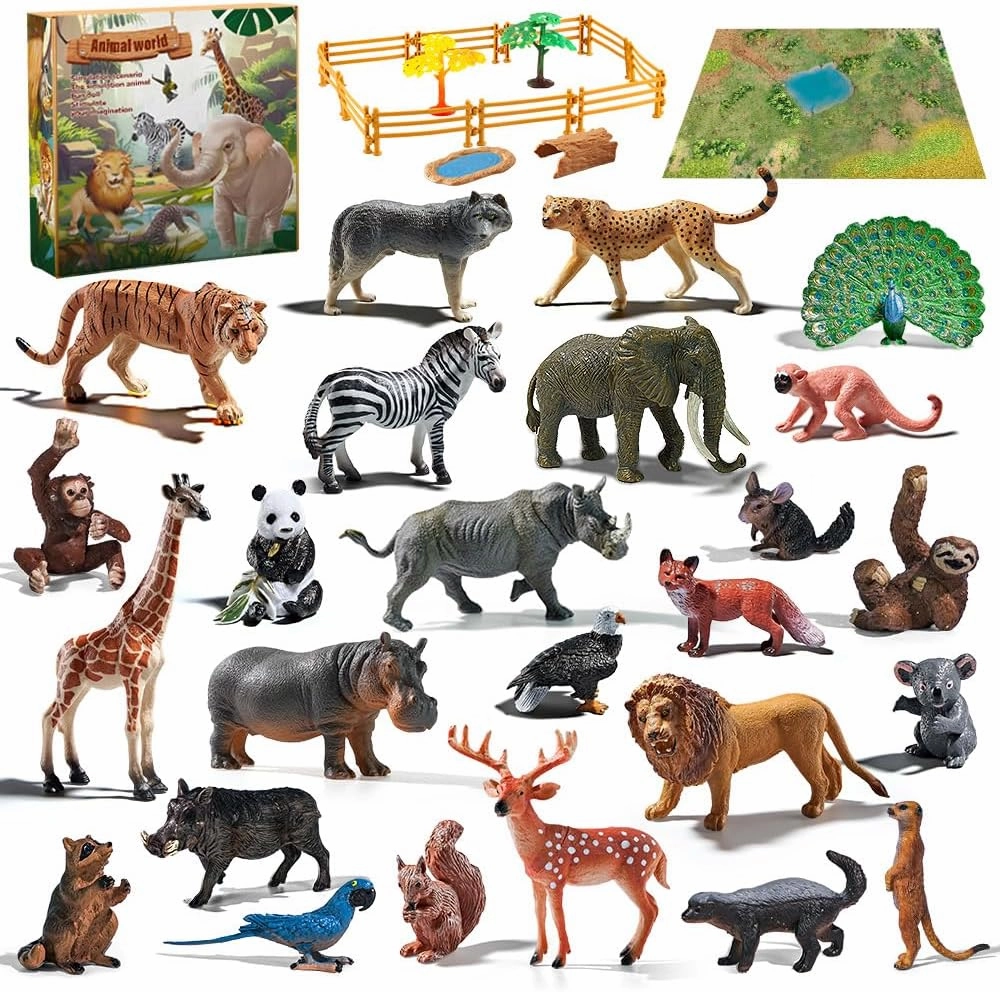 Realistic Animal Toys for Kids 3-5-7 Toddlers, 25pcs Safari Animals Figures Playset, Wild Zoo Animal Figurines Plastic Toy Set for Boys and Girls Gifts with Play Mat