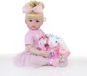 Reborn Baby Doll with 3D Painted on face and Soft Full Vinyl with Rooted Hair with Plush Little Bunny, Perfect Birthday for Youngsters，Christmas Halloween (Blonde Hair)