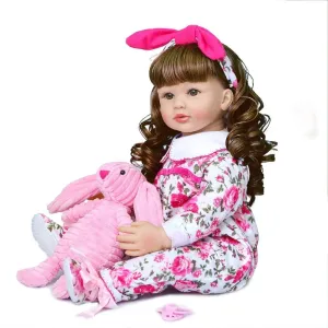 Reborn Toddler Dolls Girl Lifelike 24 inch 60cm Silicone Vinyl Doll Soft Cotton Body with Curly Hair Fashion Dolls Outfit Birthday Gift for Age 3  (Brown Hair)