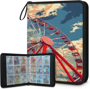 Red Ferris Wheel 3 Ring Trading Zipper Binder Strap, Trading Card Binder 9 Pocket, 900 Pockets Card Holder with 50 Removable Sleeves for Game Cards