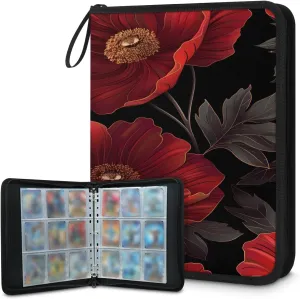 Red Roses 3 Ring Trading Zipper Binder Strap, Trading Card Binder 4 Pocket, 400 Pockets Card Holder with 50 Removable Sleeves for Game Cards