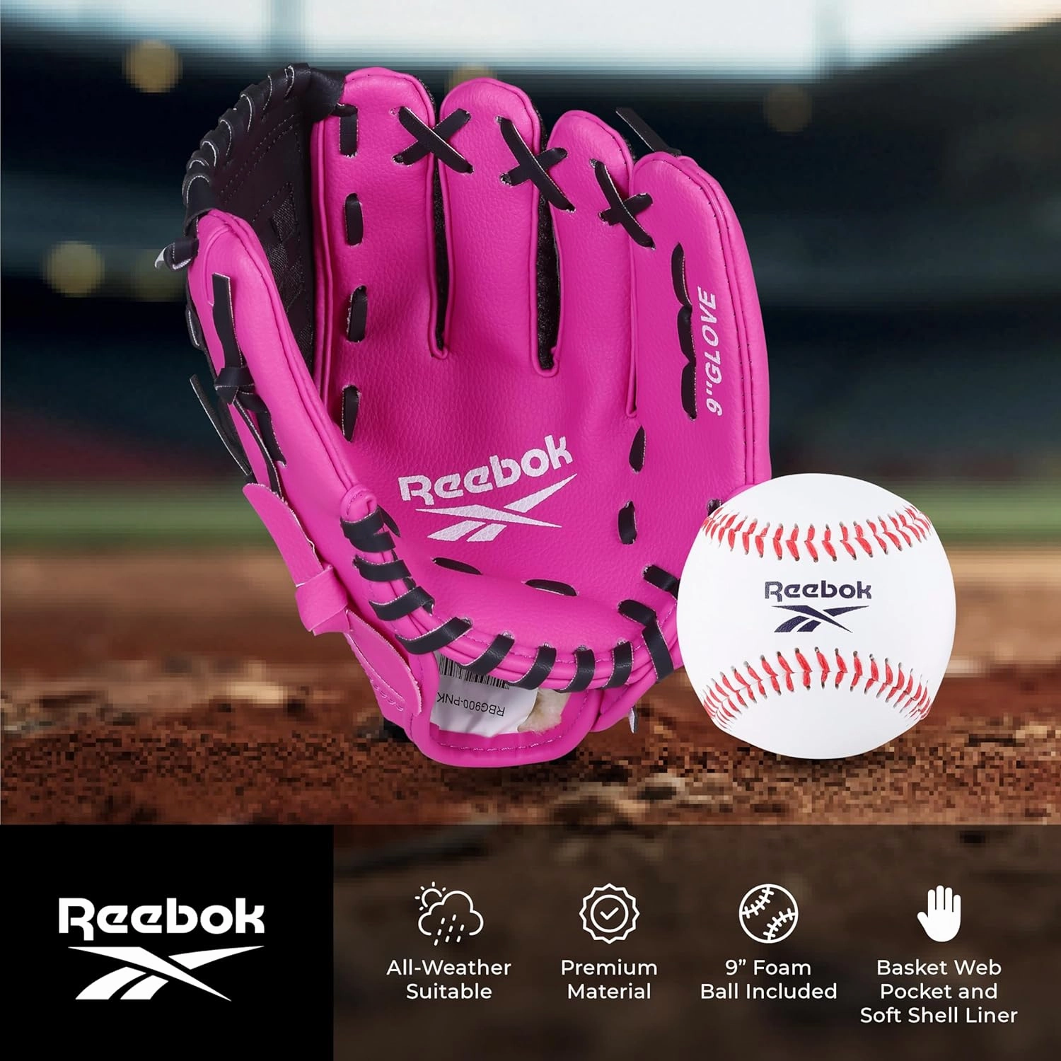 Reebok - Youth Baseball Glove Set, 9-Inch Kids Sports Glove with Foam Ball, Training Mitt for Beginners, Practice & Backyard Play