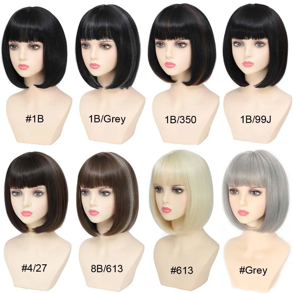 Refined Short Bob Wigs With Bangs 12 inch Straight Synthetic Cosplay Party Wig For Women Daily Use Colorful Hair Wigs (P8B/613, 12 Inch)