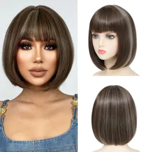 Refined Short Bob Wigs With Bangs 12 inch Straight Synthetic Cosplay Party Wig For Women Daily Use Colorful Hair Wigs (P8B/613, 12 Inch)