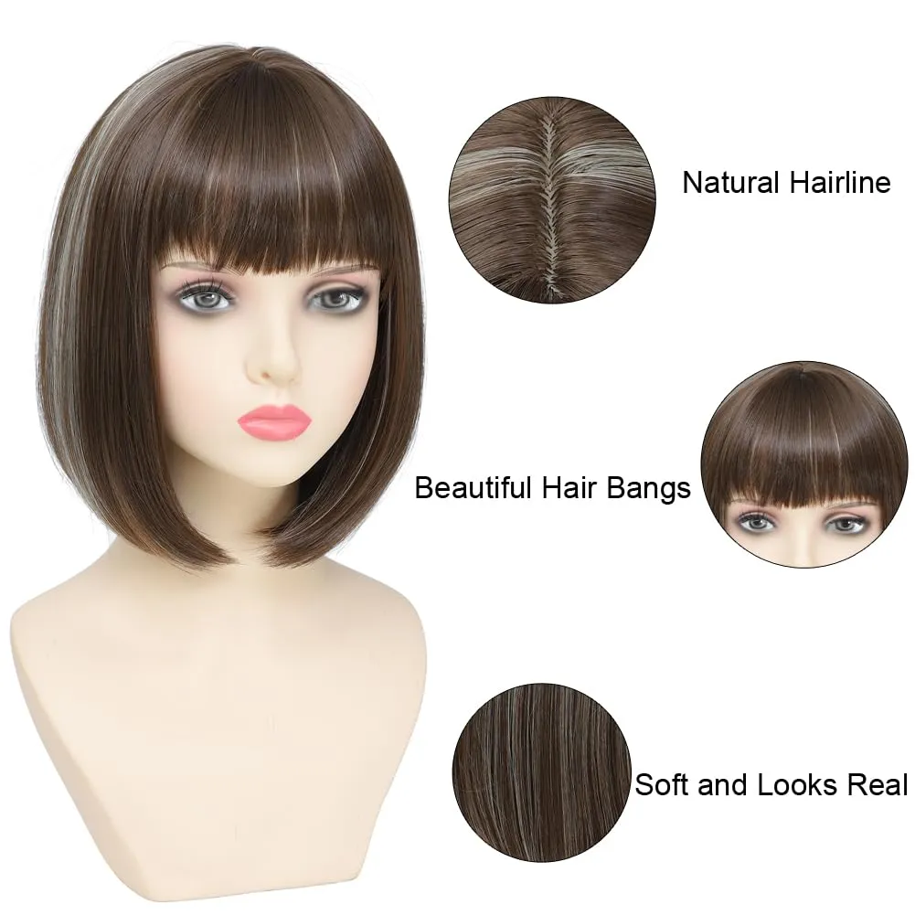 Refined Short Bob Wigs With Bangs 12 inch Straight Synthetic Cosplay Party Wig For Women Daily Use Colorful Hair Wigs (P8B/613, 12 Inch)