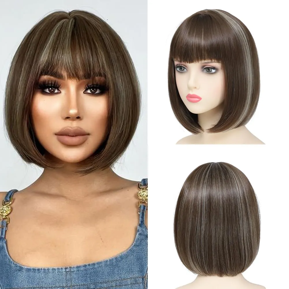 Refined Short Bob Wigs With Bangs 12 inch Straight Synthetic Cosplay Party Wig For Women Daily Use Colorful Hair Wigs (P8B/613, 12 Inch)