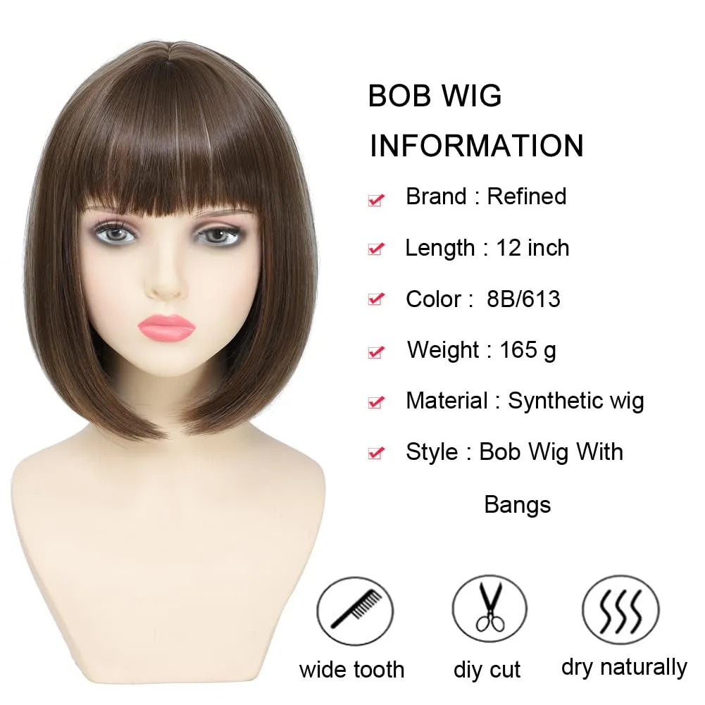 Refined Short Bob Wigs With Bangs 12 inch Straight Synthetic Cosplay Party Wig For Women Daily Use Colorful Hair Wigs (P8B/613, 12 Inch)