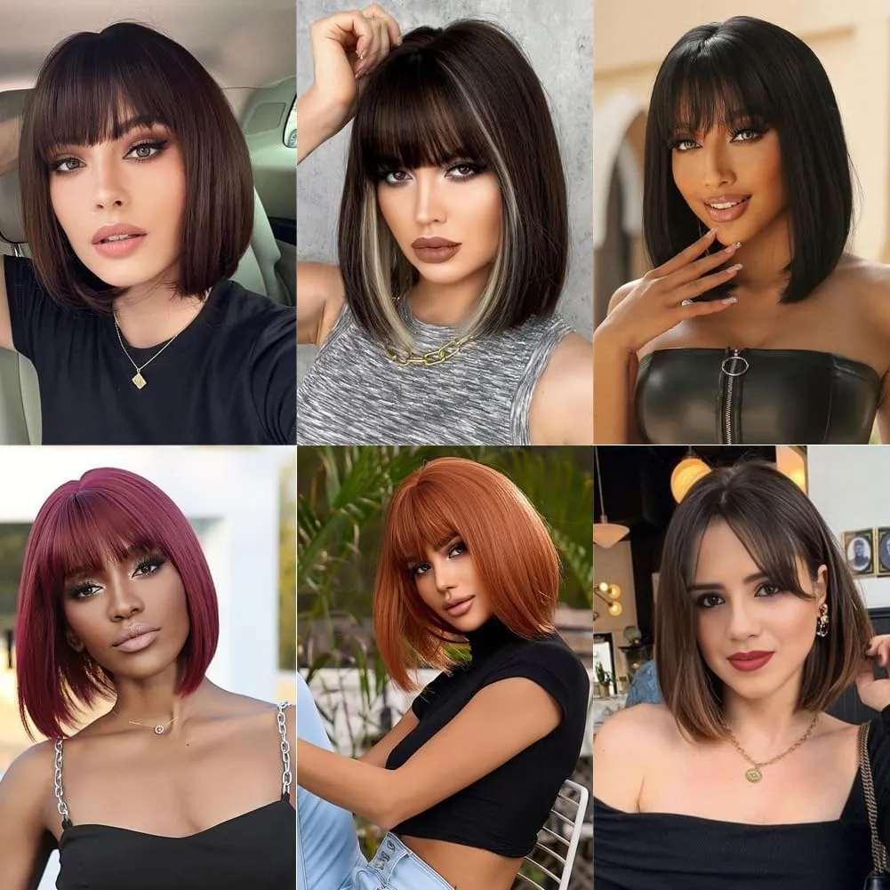 Refined Short Bob Wigs With Bangs 12 inch Straight Synthetic Cosplay Party Wig For Women Daily Use Colorful Hair Wigs (P8B/613, 12 Inch)