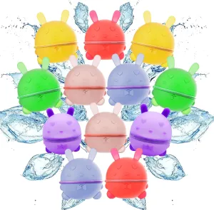 Reusable Magnetic Water Balloons for Kids - 12PC Bunny Shaped Water Bombs, Self Sealing Quick Fill, Latex-Free Silicone Pool/Outdoor Water Toys (Summer Games)