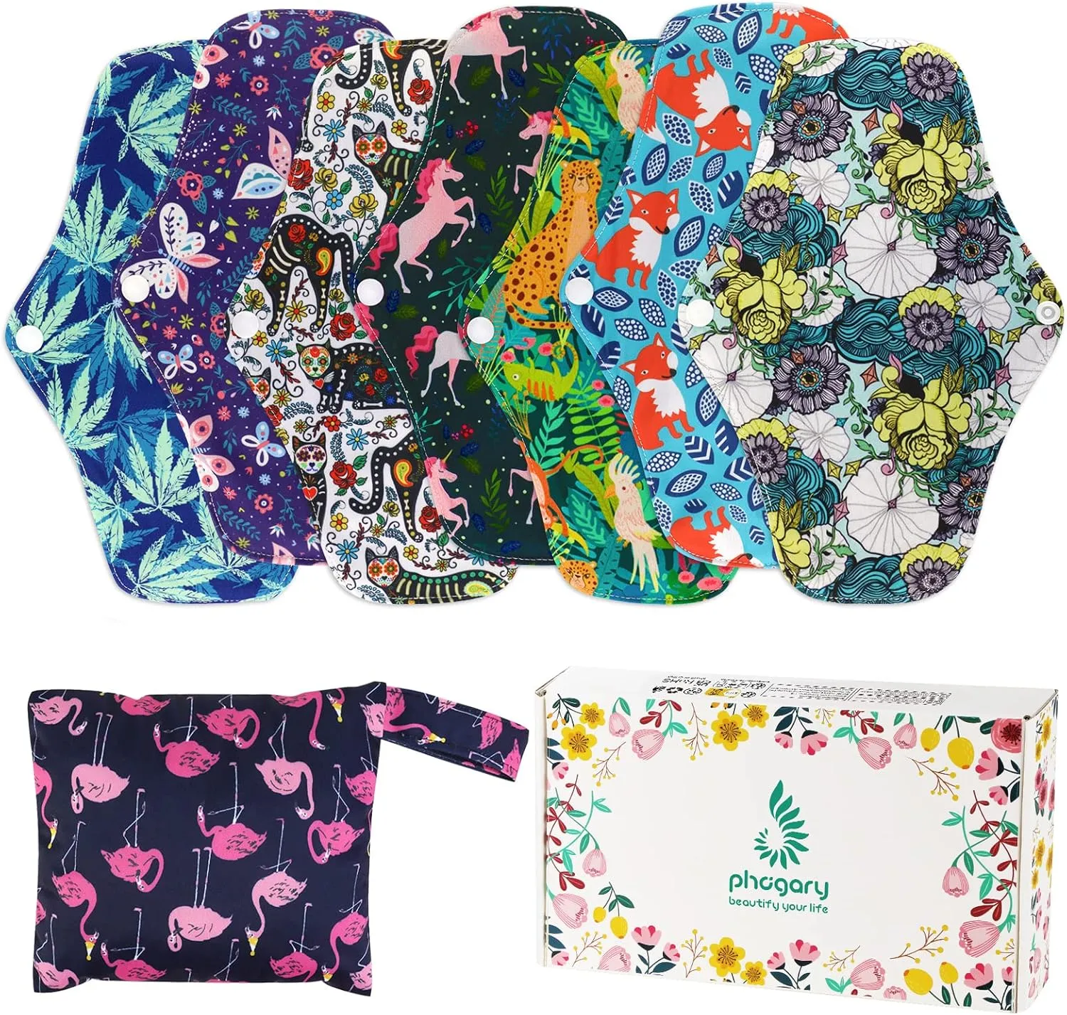 Reusable Menstrual Pads (7 in 1, 25.4cm 4 Layers), Bamboo Cloth Pads for Heavy Flow with Wet Bag, Large Sanitary Pads Set with Wings for Women, Washable Overnight Cloth Panty Liners Period Pads
