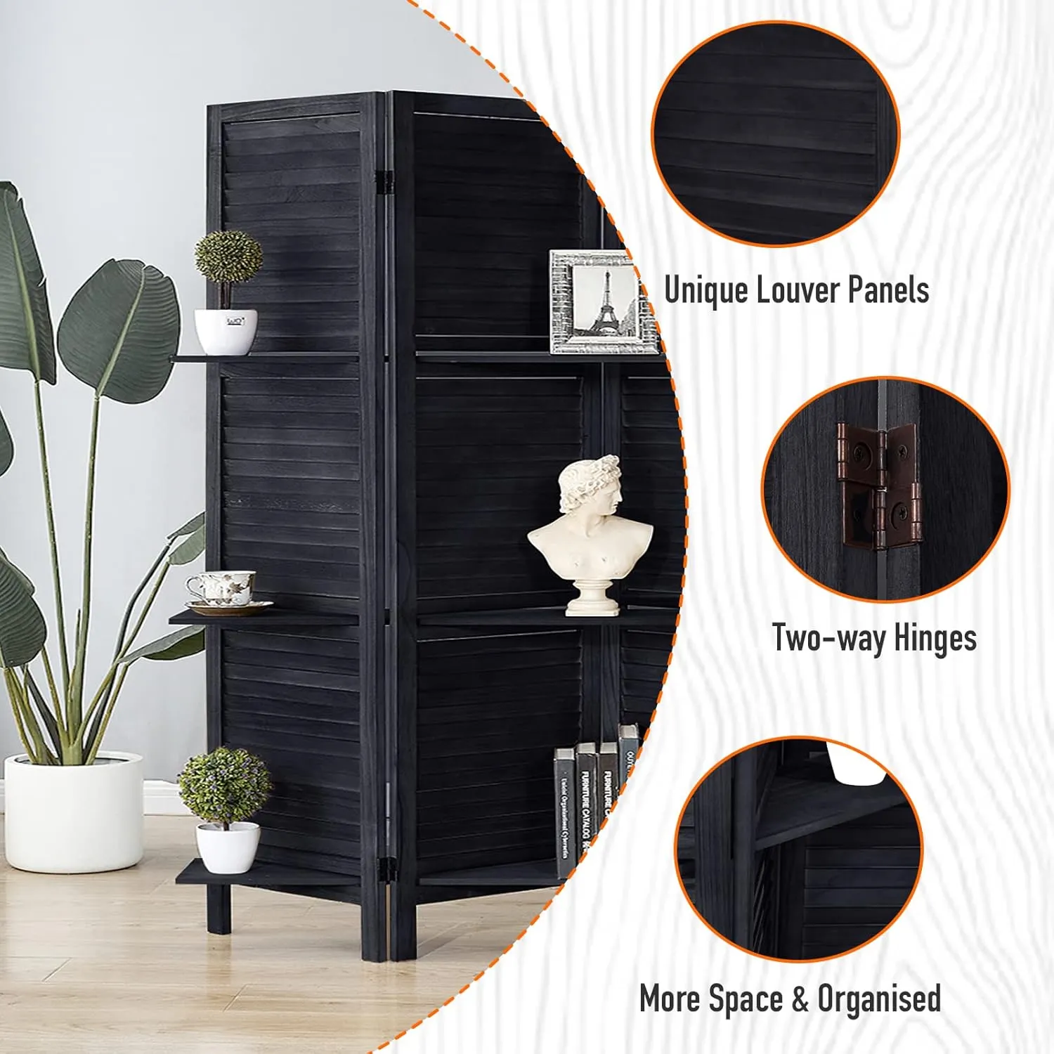 RHF 5 Panel Room Divider Room Dividers and Folding Privacy Screens,5.6 Ft Tall Privacy Screen Wood Room Divider Wall Partition with Shelves (Black, 5 Panel)
