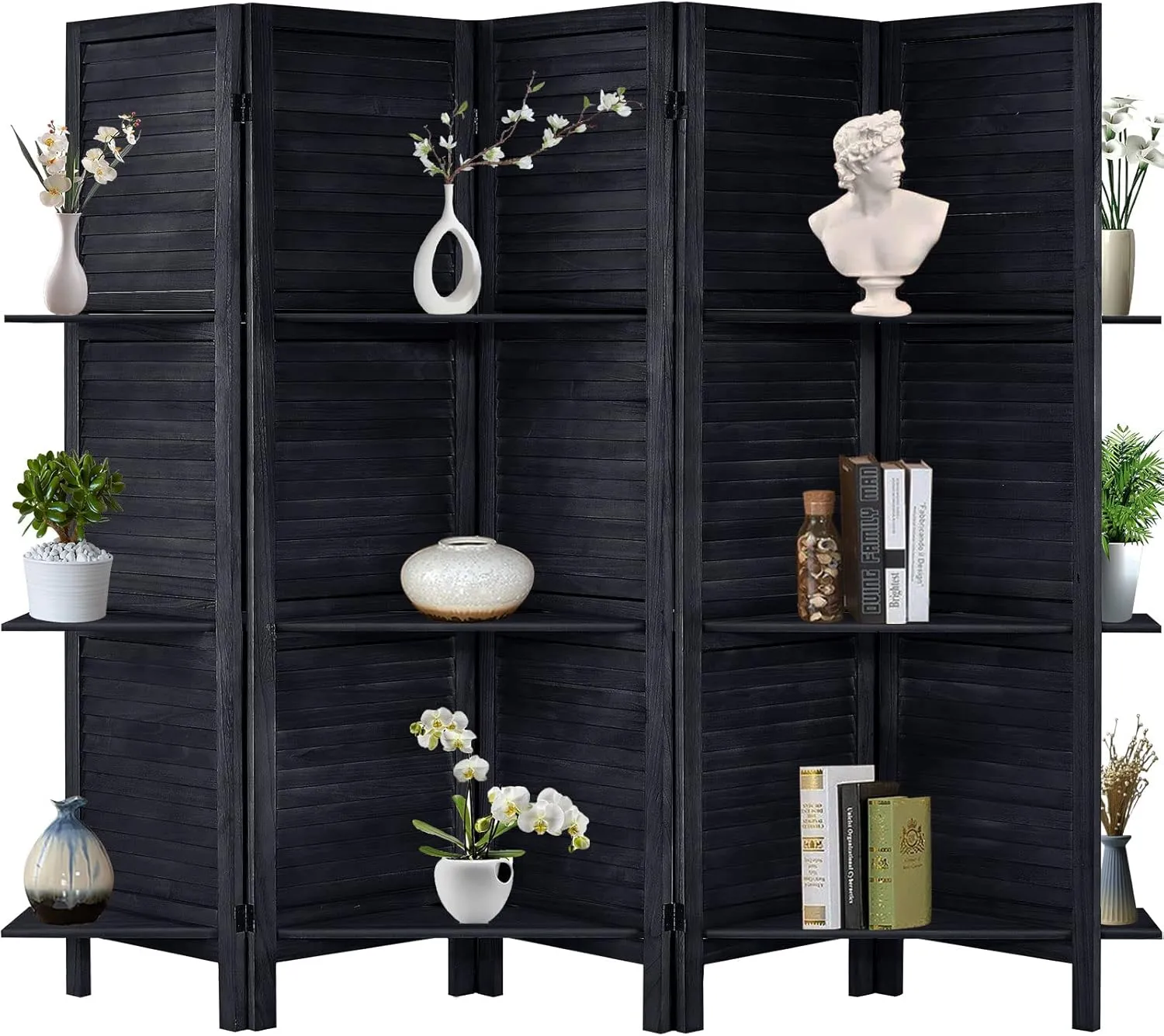 RHF 5 Panel Room Divider Room Dividers and Folding Privacy Screens,5.6 Ft Tall Privacy Screen Wood Room Divider Wall Partition with Shelves (Black, 5 Panel)