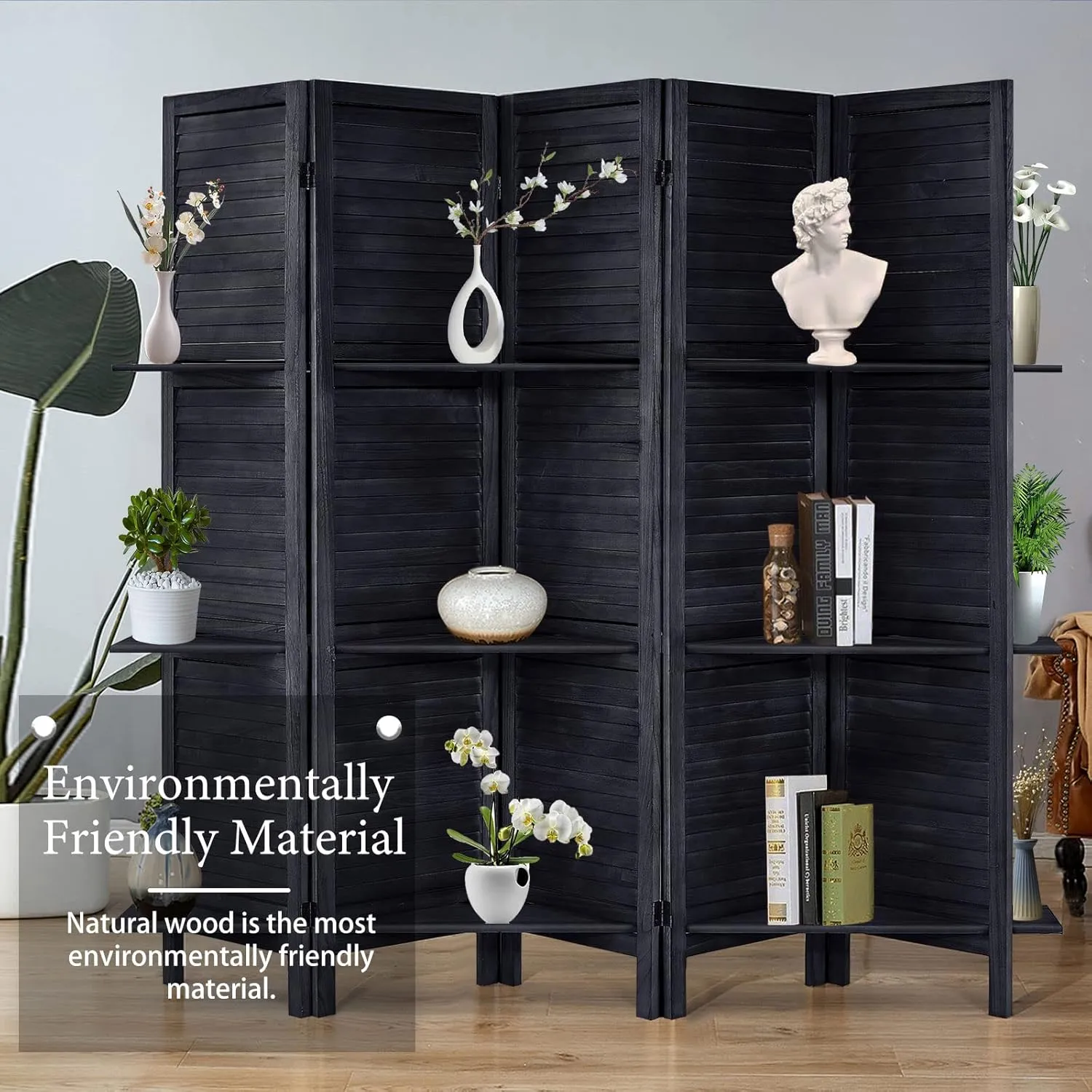 RHF 5 Panel Room Divider Room Dividers and Folding Privacy Screens,5.6 Ft Tall Privacy Screen Wood Room Divider Wall Partition with Shelves (Black, 5 Panel)