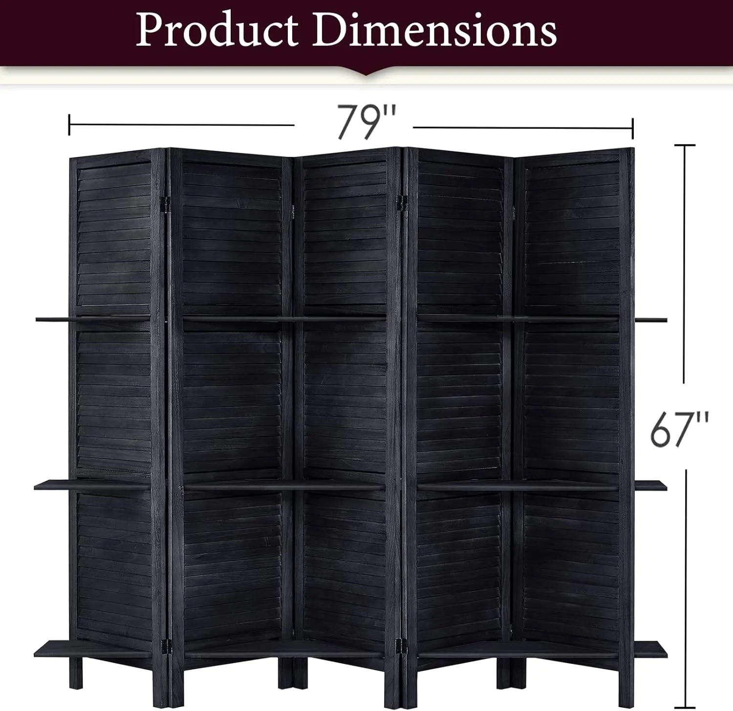 RHF 5 Panel Room Divider Room Dividers and Folding Privacy Screens,5.6 Ft Tall Privacy Screen Wood Room Divider Wall Partition with Shelves (Black, 5 Panel)