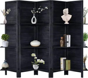 RHF 5 Panel Room Divider Room Dividers and Folding Privacy Screens,5.6 Ft Tall Privacy Screen Wood Room Divider Wall Partition with Shelves (Black, 5 Panel)