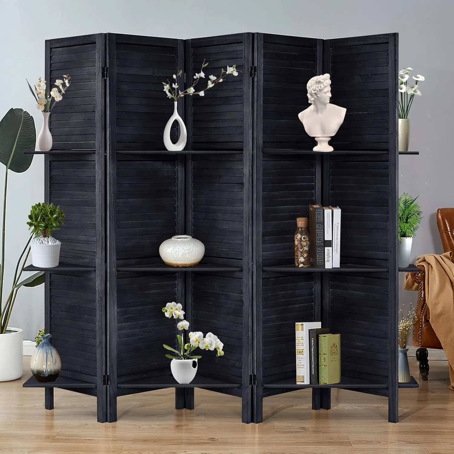 RHF 5 Panel Room Divider Room Dividers and Folding Privacy Screens,5.6 Ft Tall Privacy Screen Wood Room Divider Wall Partition with Shelves (Black, 5 Panel)