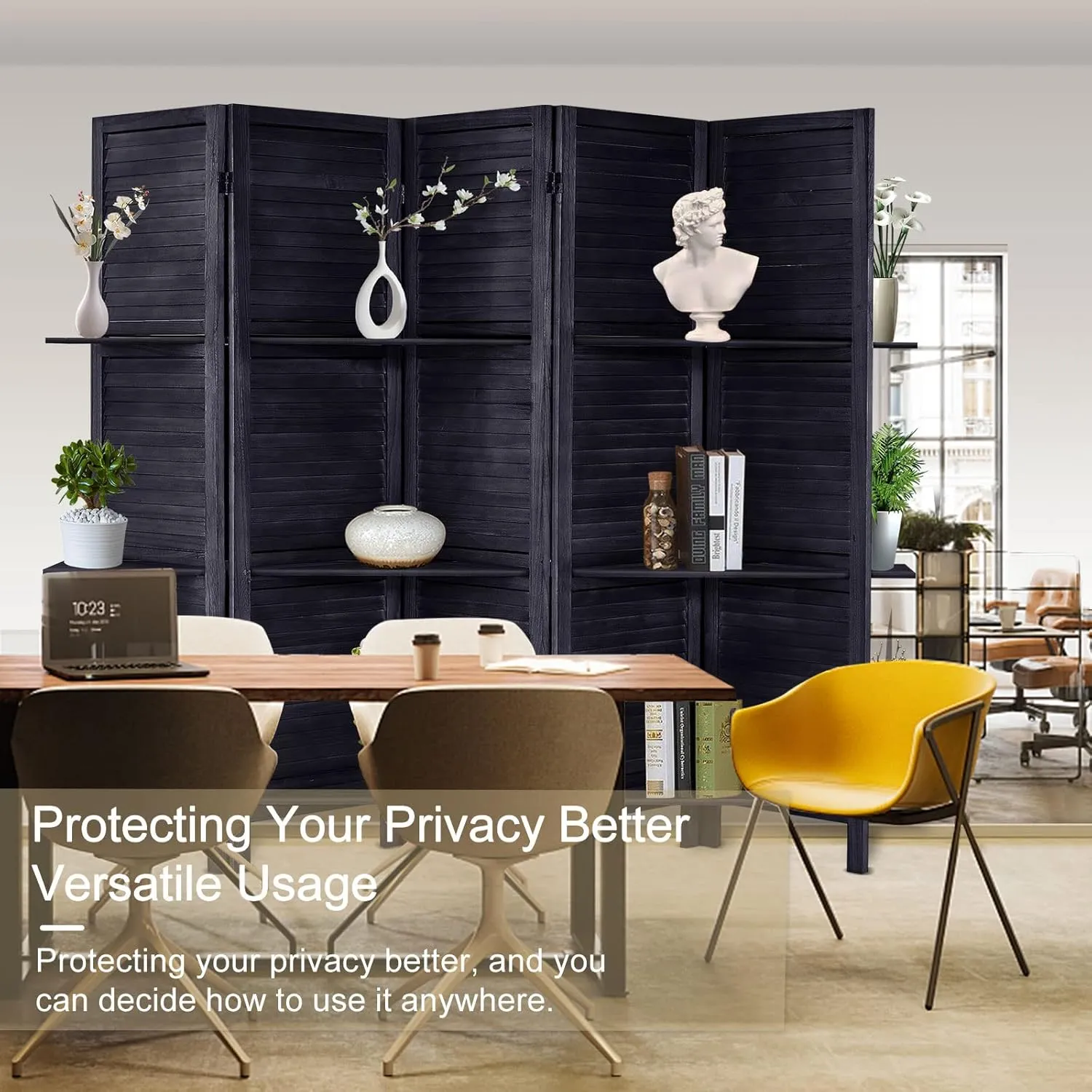 RHF 5 Panel Room Divider Room Dividers and Folding Privacy Screens,5.6 Ft Tall Privacy Screen Wood Room Divider Wall Partition with Shelves (Black, 5 Panel)