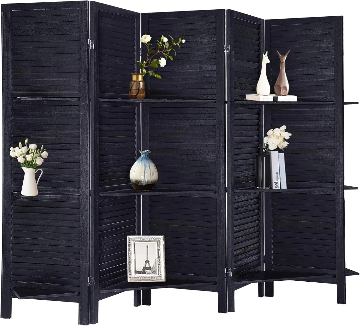 RHF 5 Panel Room Divider Room Dividers and Folding Privacy Screens,5.6 Ft Tall Privacy Screen Wood Room Divider Wall Partition with Shelves (Black, 5 Panel)